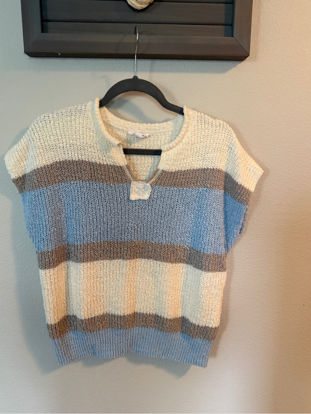 Striped Scoop-Neck Short-Sleeve Sweater in Blue, Cream & Brown